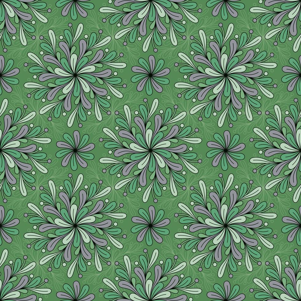 GREEN SEAMLESS VECTOR BACKGROUND WITH SPIRAL ROUND MULTICOLORED DECORATIVE ELEMENTS