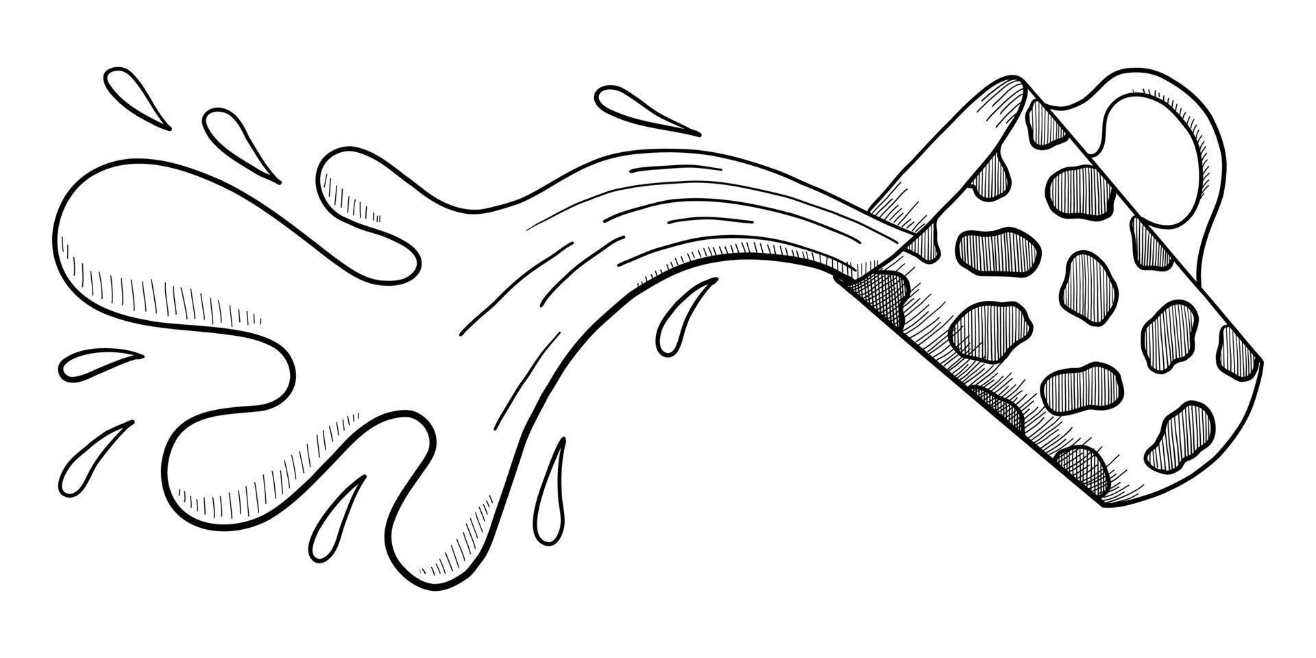 VECTOR ILLUSTRATION OF A MUG WITH SPILLING COFFEE ISOLATED ON A WHITE BACKGROUND. DOODLE DRAWING BY HAND