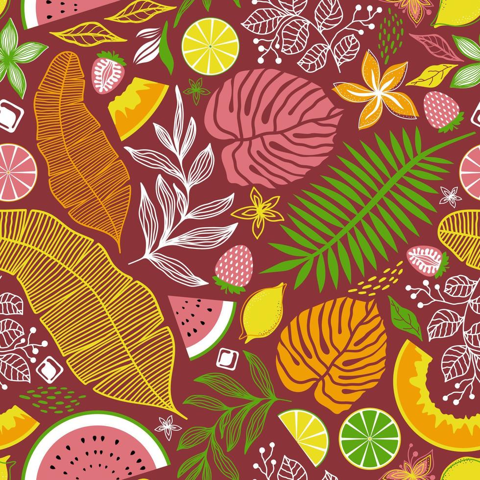 PINK SEAMLESS VECTOR PATTERN WITH BRIGHT MULTICOLORED TROPICAL LEAVES AND FRUITS