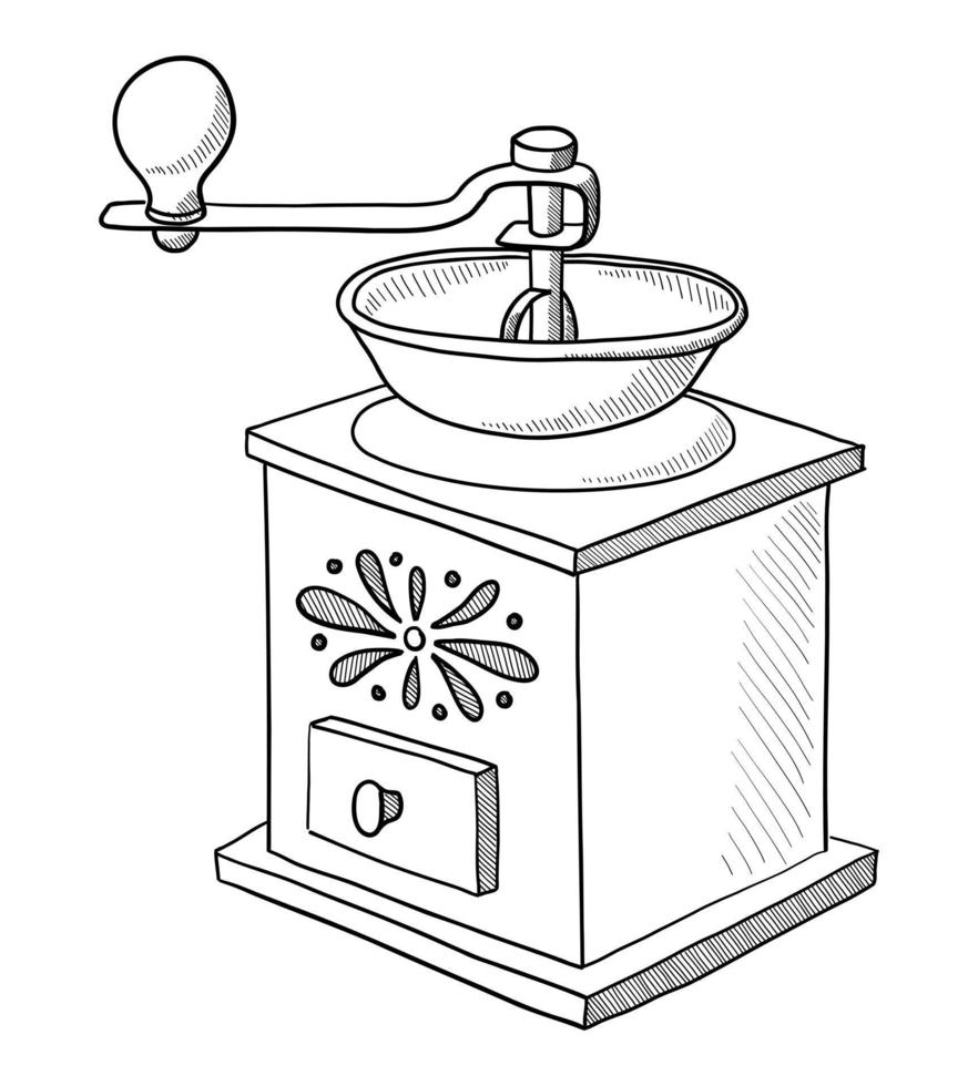 VECTOR ILLUSTRATION OF A MANUAL COFFEE GRINDER ISOLATED ON A WHITE BACKGROUND. DOODLE DRAWING BY HAND