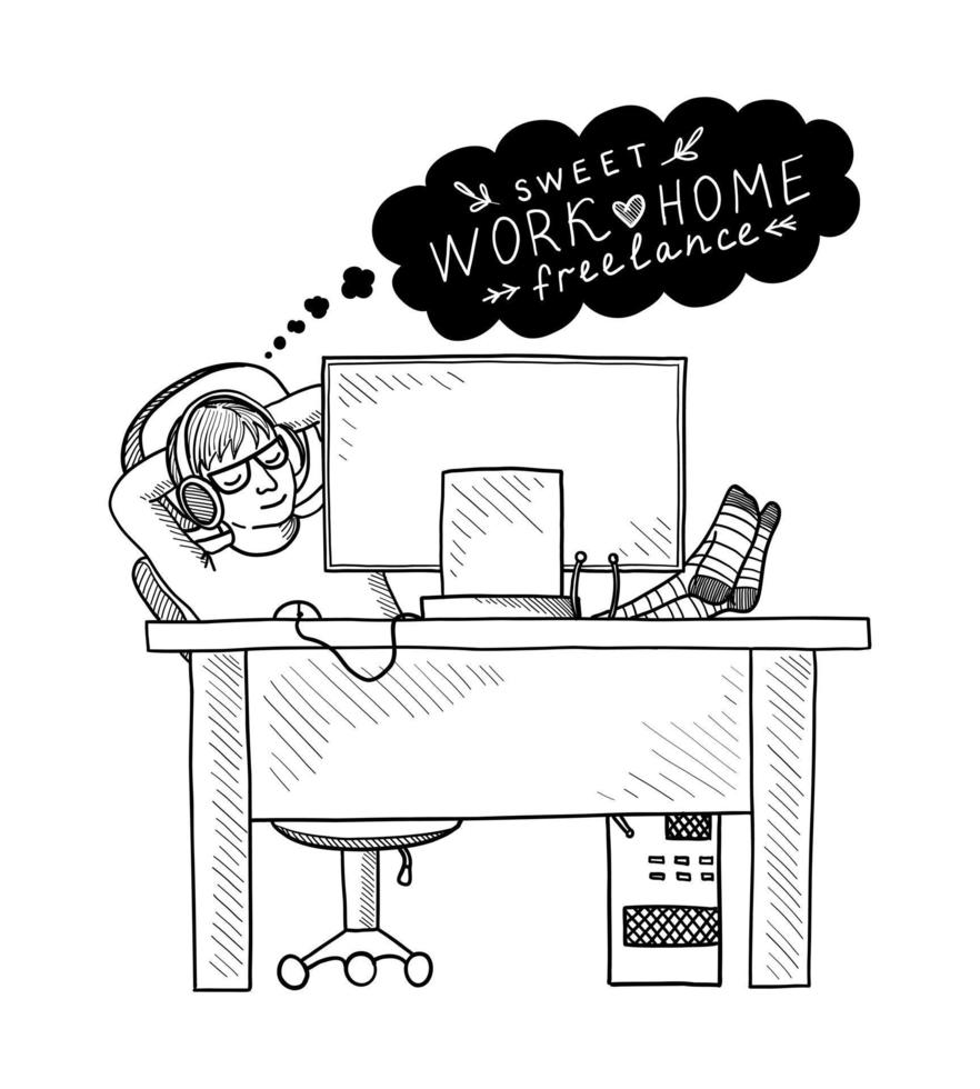 VECTOR ILLUSTRATION OF A YOUNG GUY AT A COMPUTER ISOLATED ON A WHITE BACKGROUND. DOODLE DRAWING BY HAND