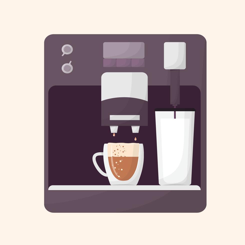 The coffee machine makes cappuccino or latte. Morning routine. Rise and vigor. Transparent cup with coffee vector