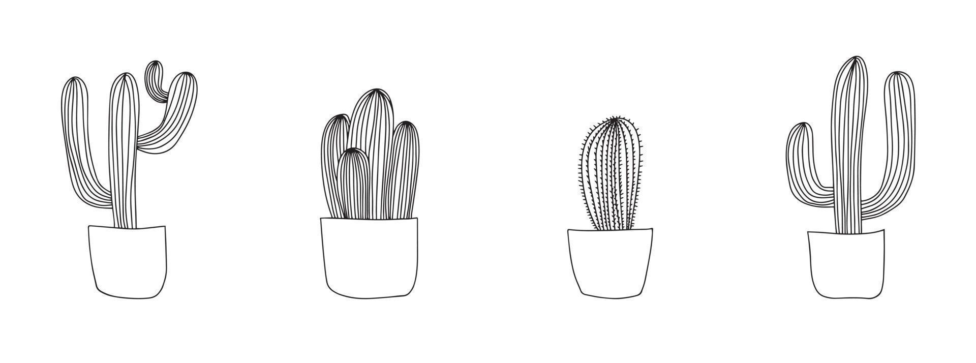 conjunto de cactus. las flores en macetas se dibujan con una línea negra sobre un fondo blanco. líneas de dibujo vectorial vector