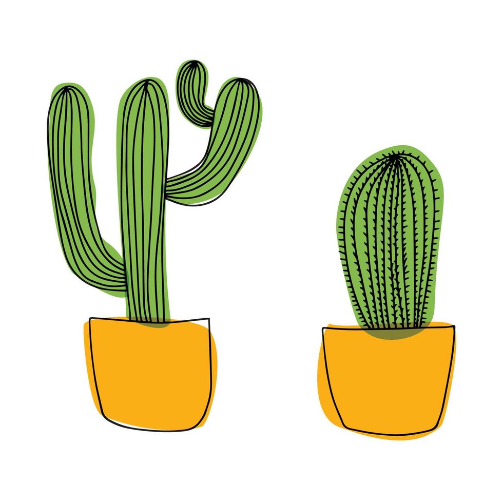 Vector handmade isolated cacti and succulents set. Cute green cactus in flower pots.