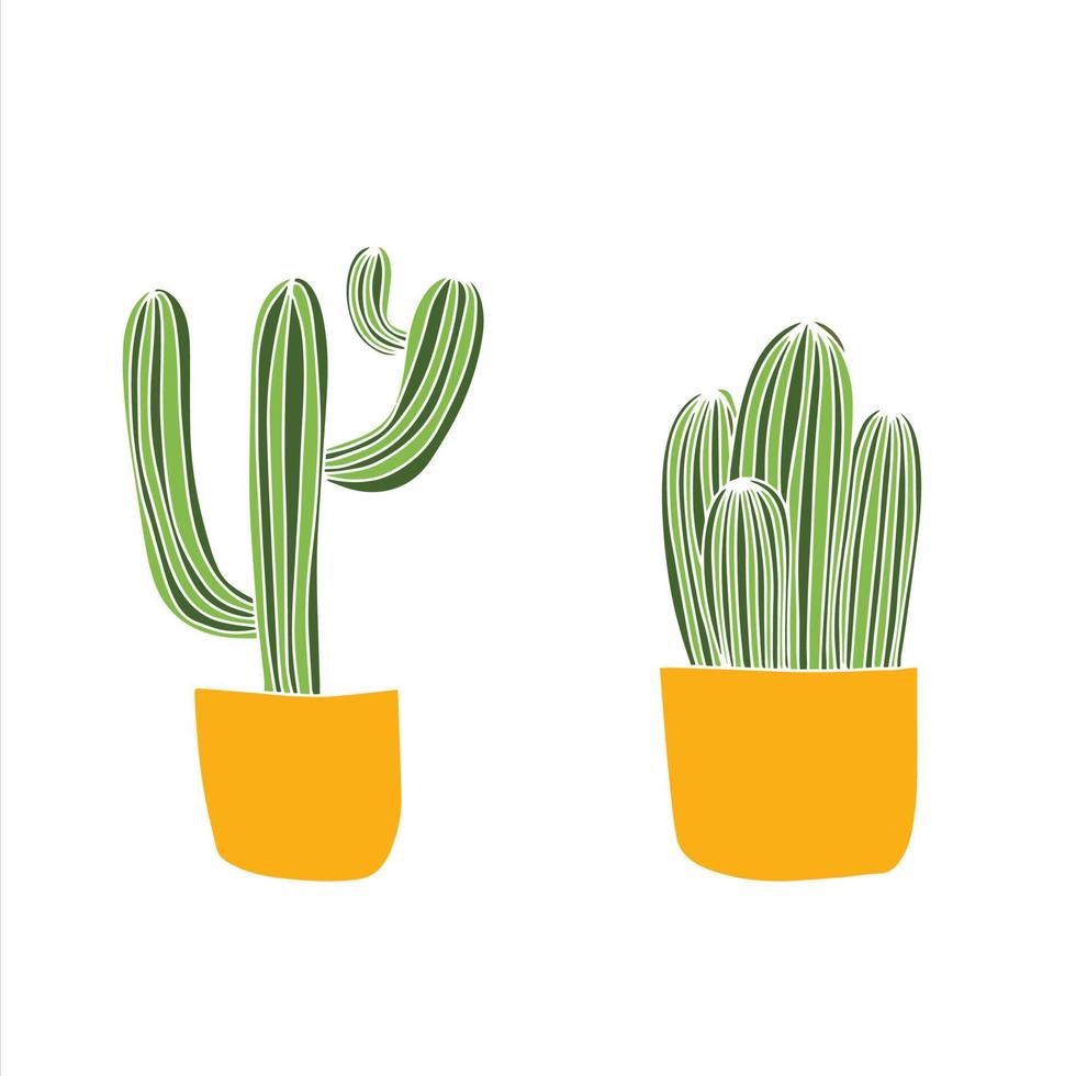 Cacti icons in flat style on a white background. Houseplants cactus in pots and with flowers. Variety of decorative cacti with thorns and without. vector