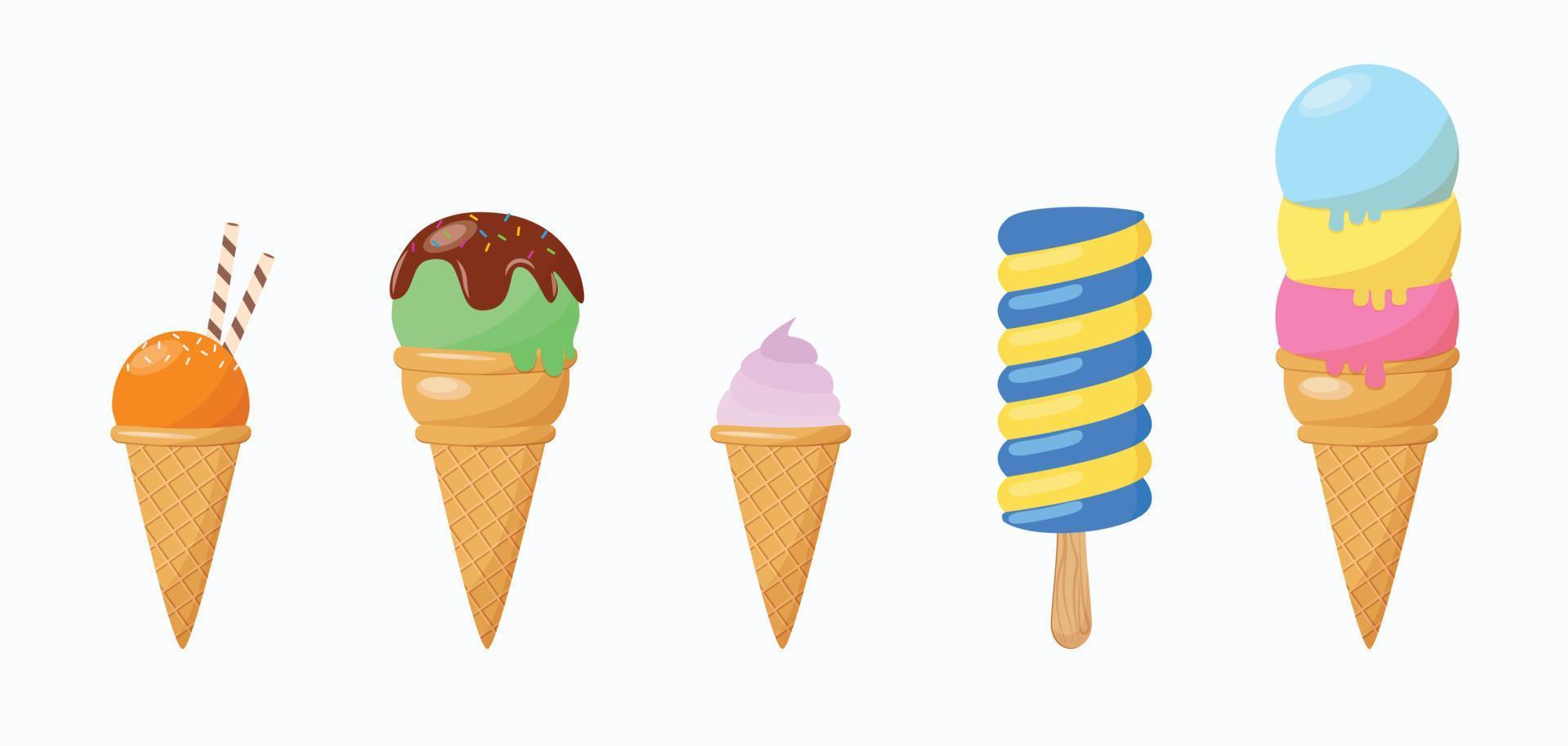 juego de helados de dibujos animados. ilustración de postre de helado de chocolate y vainilla vector