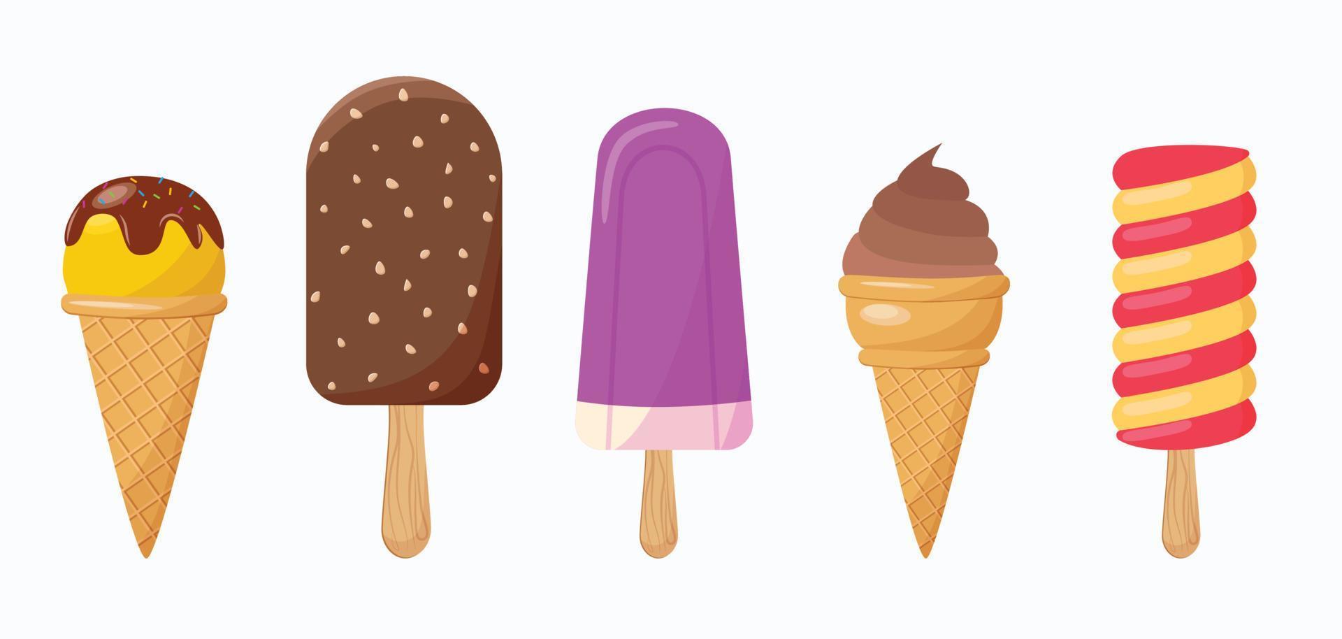 delicioso juego de helados coloridos. helado coleccionable y cuernos de paletas con diferentes ingredientes aislados en fondo blanco. ilustración vectorial para diseño web o impresión vector