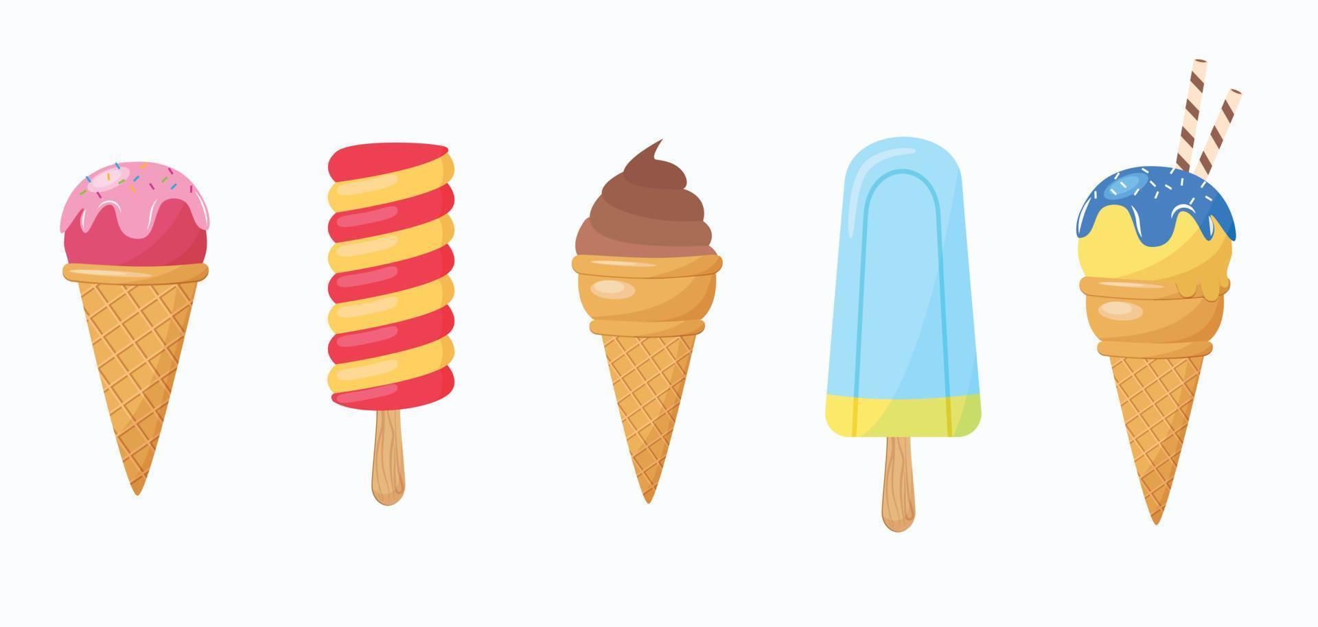 A set of delicious ice cream. Sweet summer treat sundaes, gelato with different flavors, prefabricated insulated ice cream cones and popsicles with different toppings. vector