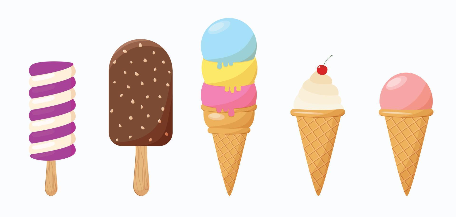 Collection of different multicolored ice cream icons. Vector illustration isolated on white background