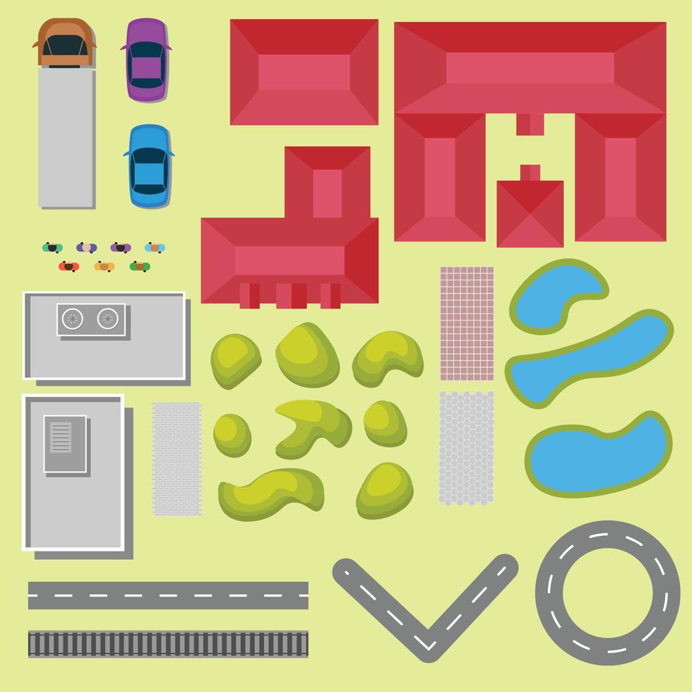 Set of landscape elements. City. Top view. Railroad, houses, buildings, attractions, road, cars, people, trees. View from above vector