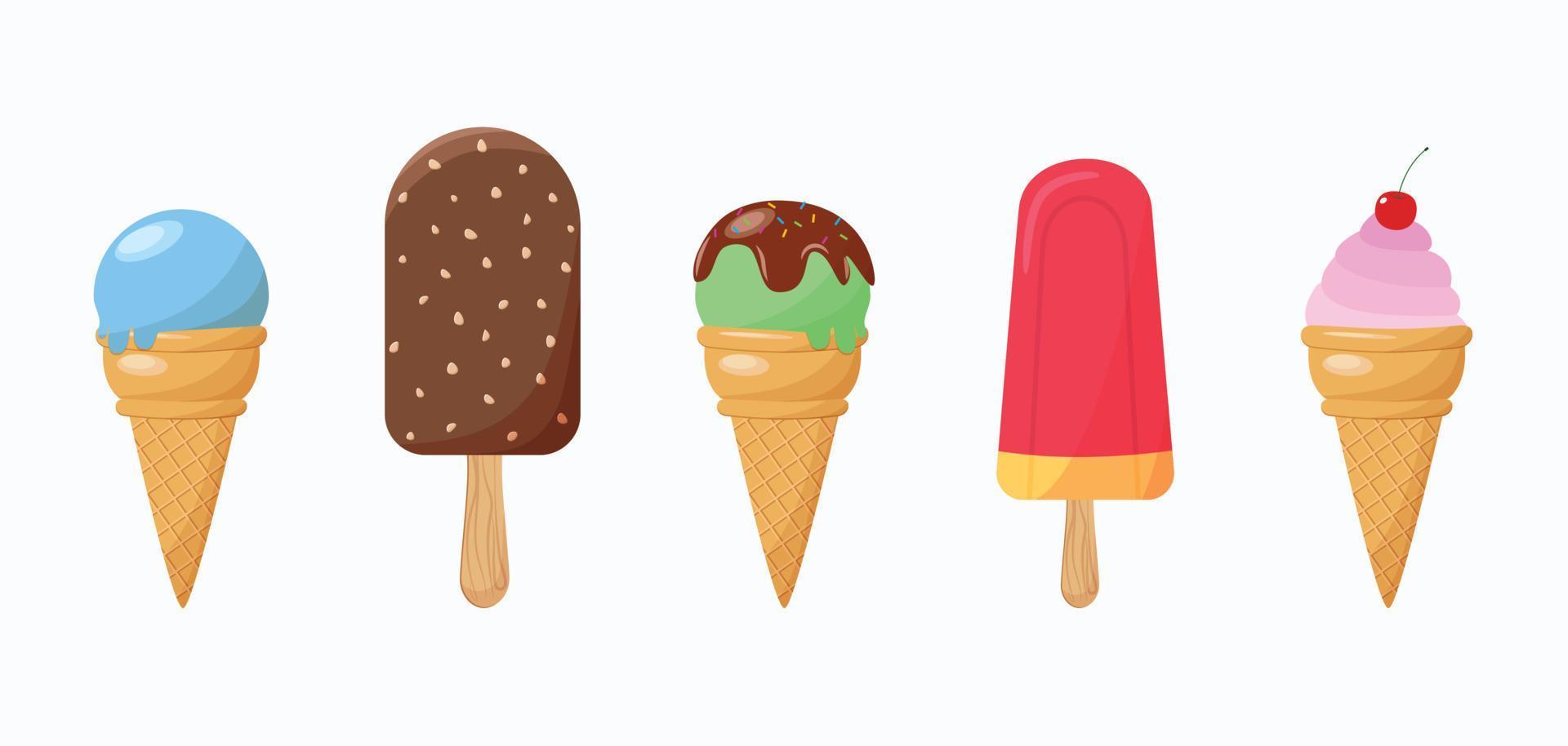 Delicious colorful ice cream set. Collectible ice cream and popsicle cones with different toppings isolated on white background. Vector illustration for web design or print