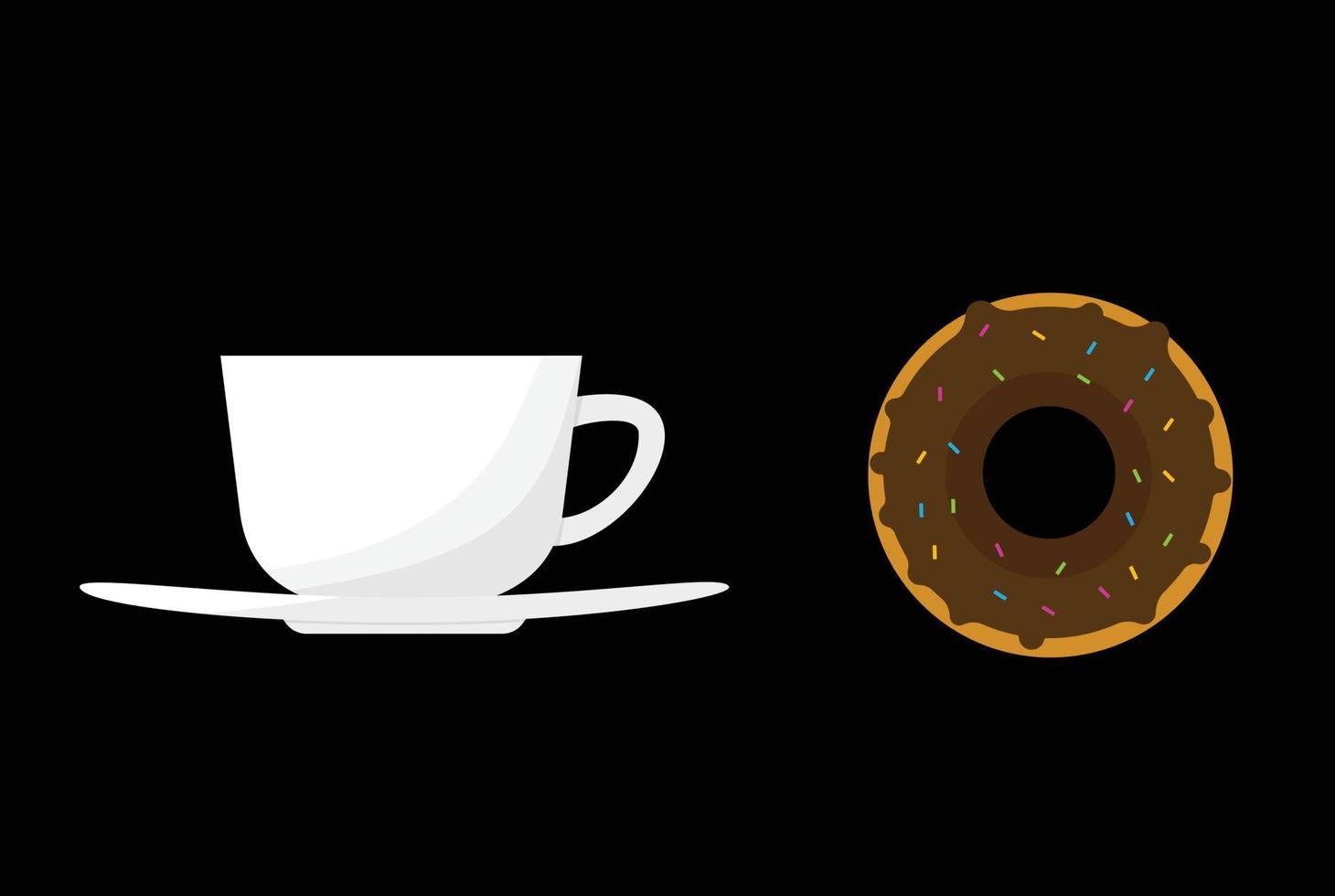 White cup of coffee and donut on black background. Vector illustration