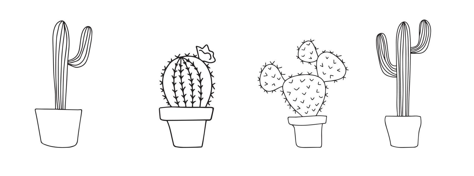 Set of cactus. Flowers in pots are drawn with a black line on a white background. Vector drawing lines