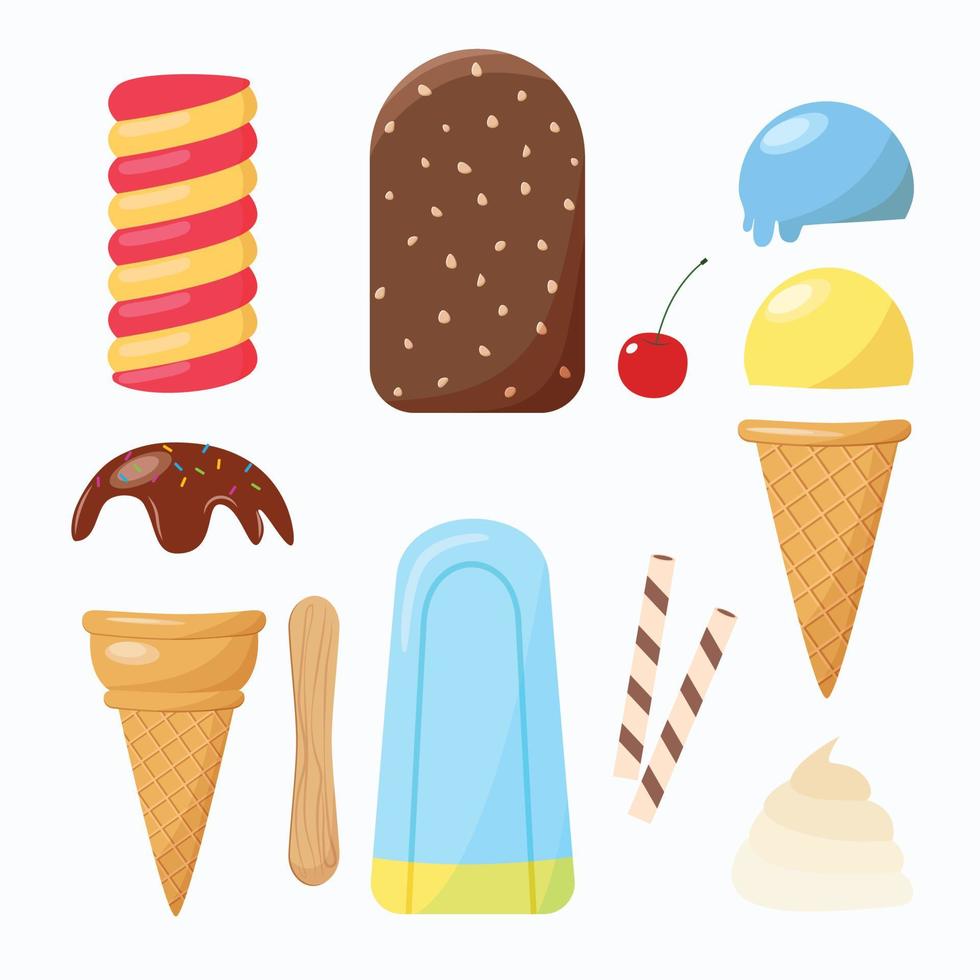 Elements for creating your own ice cream. Ice cones, cups, scoops and fillings. Isolated vector image