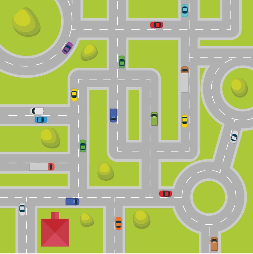 Top view of roads. Crossroads and junctions with cars in countryside. vector