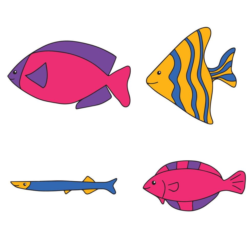 conjunto de líneas de iconos de peces. lindo personaje de dibujos animados  kawaii divertido. vida marina.
