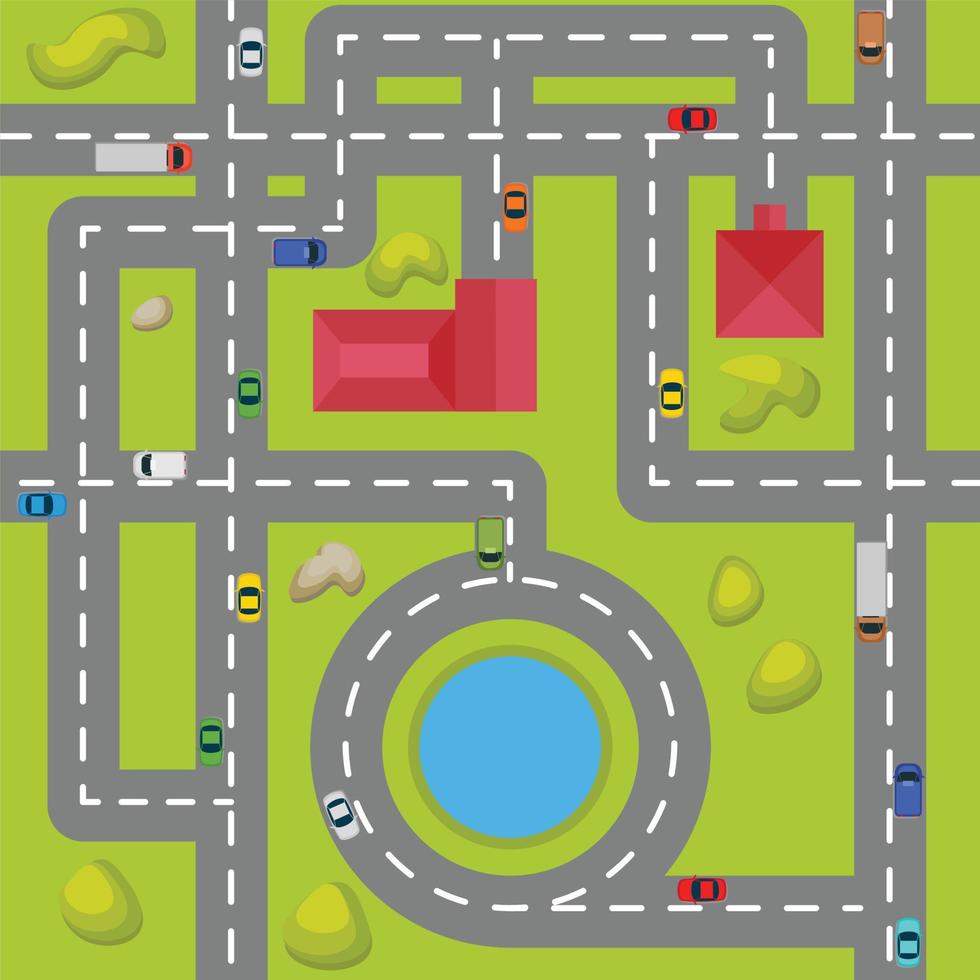 Map of city top view seamless. Map suburban settlement with private houses, narrow roads with cars and natural park design flat. Cars drive on sleeping residential district. vector