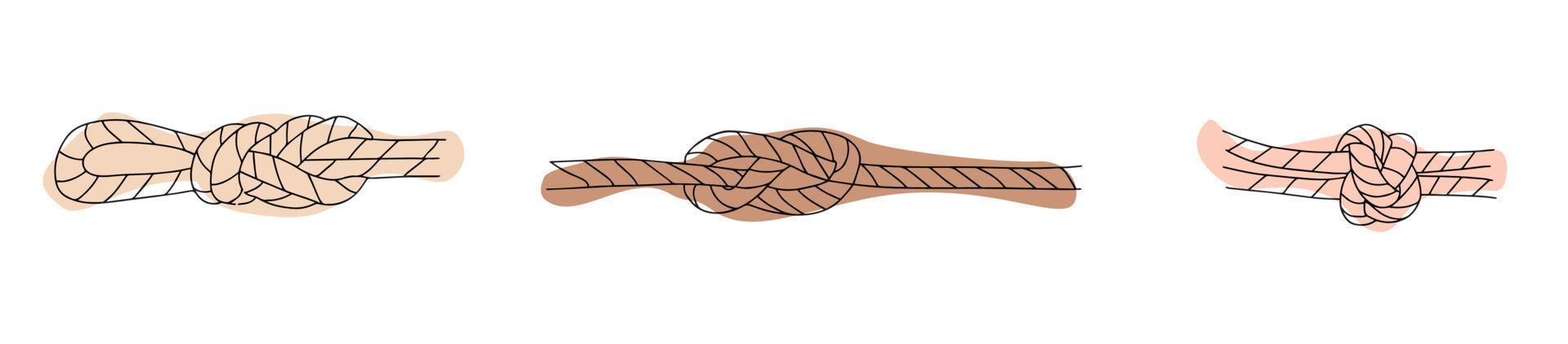 Set of rope knots, hitches, bows, bends. Decorative vector design.