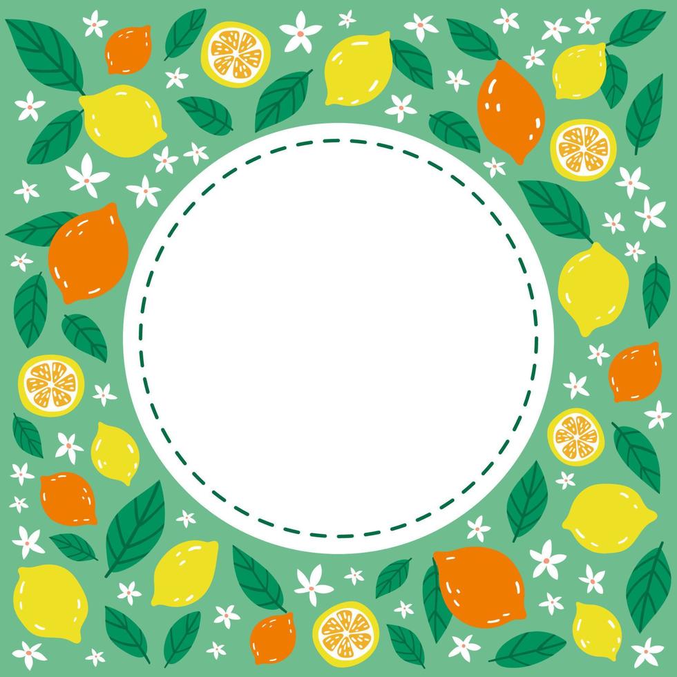 Cute colorful frame with lemons and flowers on green background vector