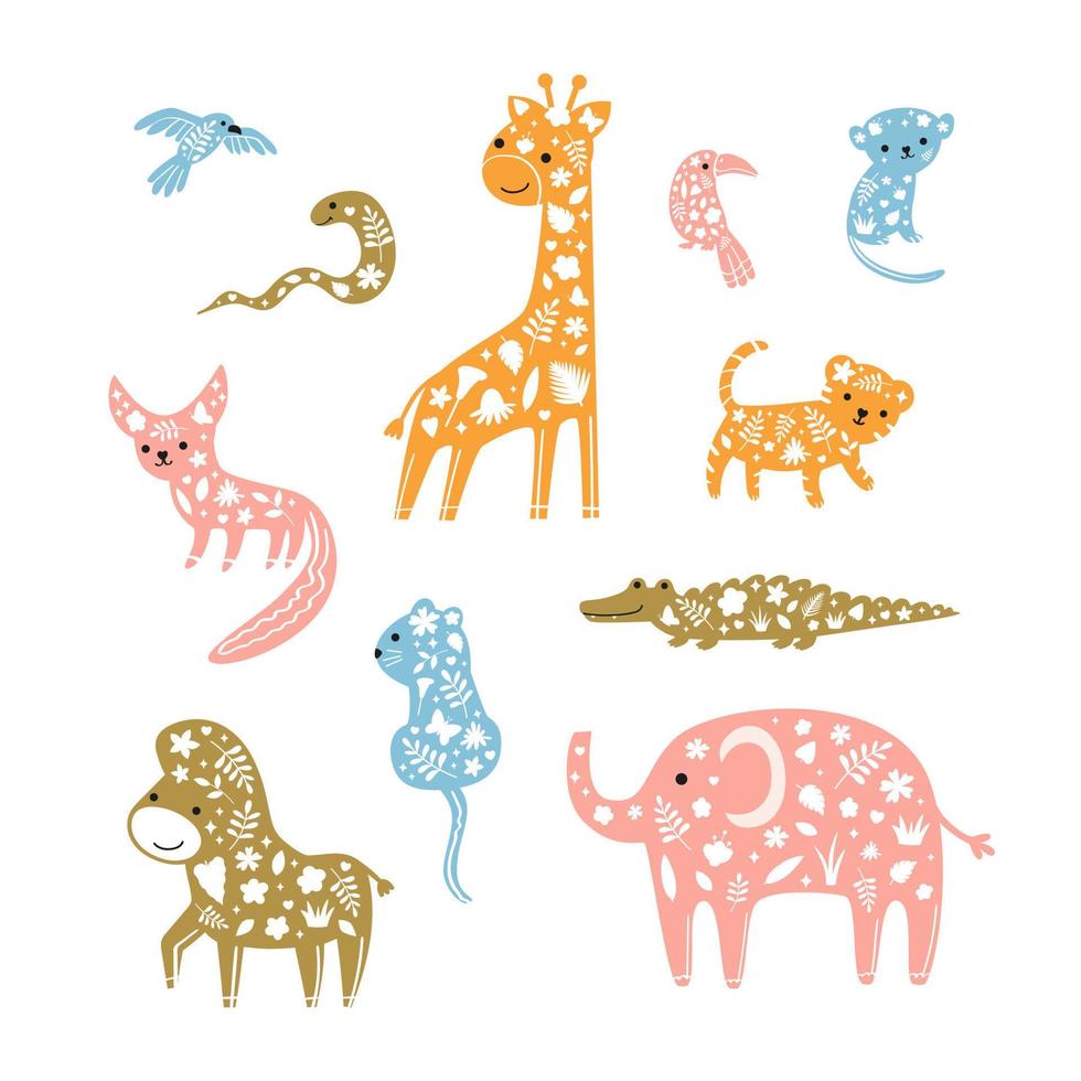 Cute decorative safari animals set. Vector illustration