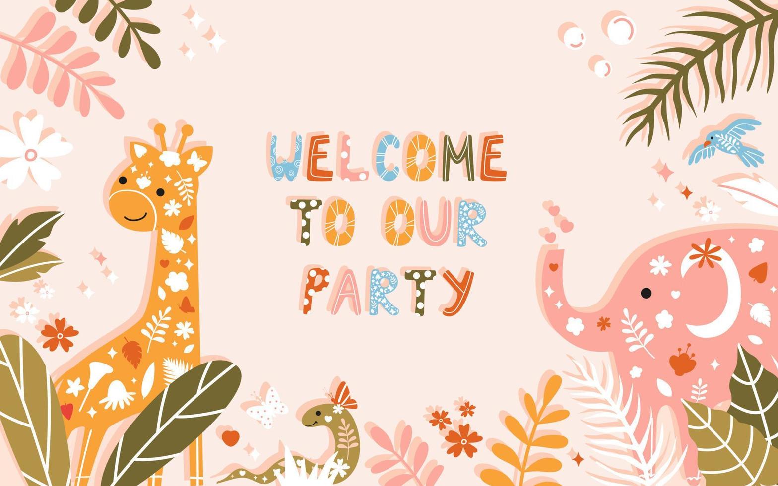 Cute baby birthday template with young safari animals vector