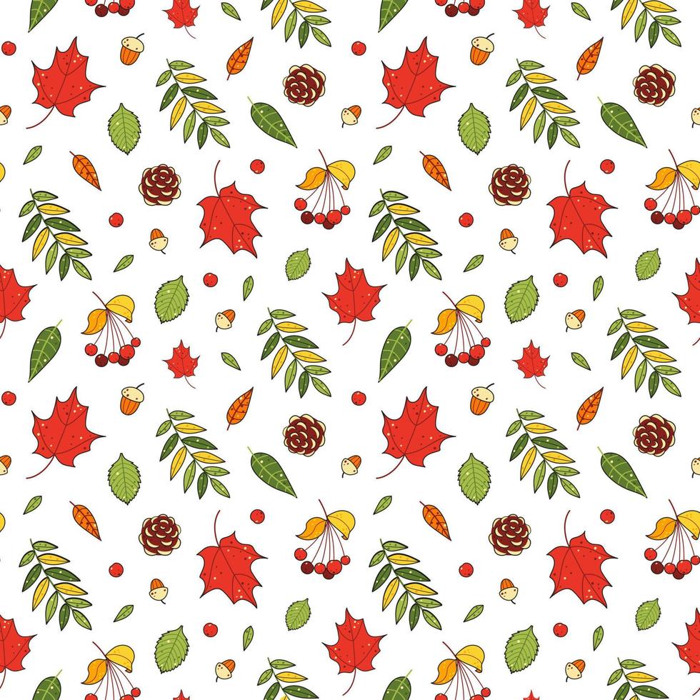 Bright autumn pattern with multi-colored maple and rowan leaves, berries and acorns vector