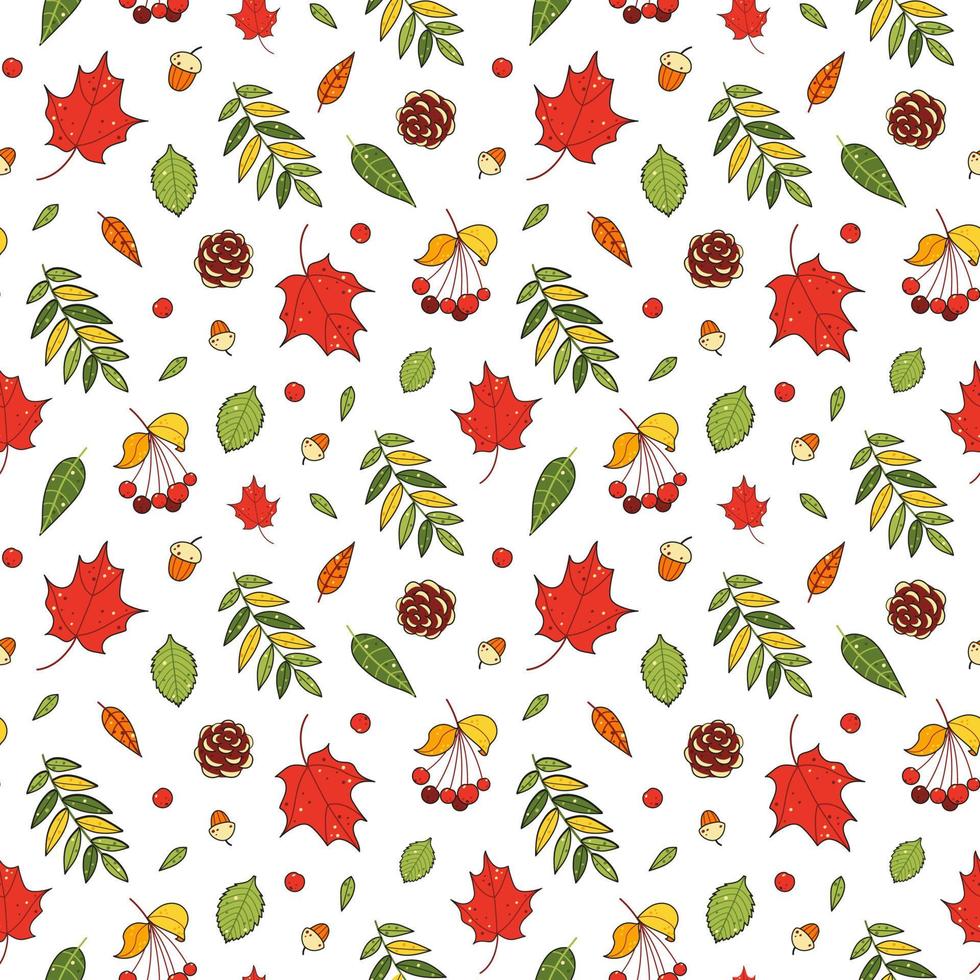 Bright autumn pattern with multi-colored maple and rowan leaves, berries and acorns vector