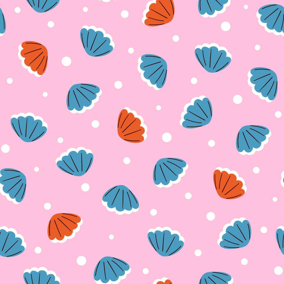 lindo estampado marino de verano con conchas de colores sobre fondo rosa vector