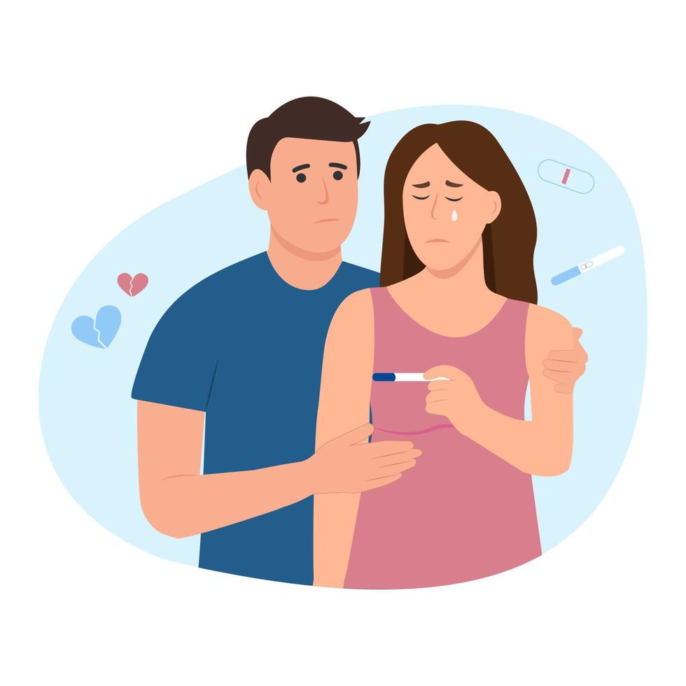 Sad couple looking at the negative pregnancy test.  Unhappy woman. Woman and man can't have a baby. Husband comforting his crying wife.Vector illustration vector