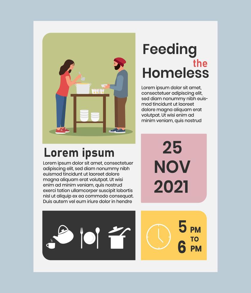 Feeding the homeless. Support of people in need. Helping for the poor or refugees. Design for charity, volunteer organization. Template for flyer. Vector volunteering program poster, infographics.