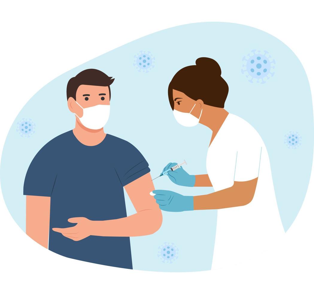 A doctor in a clinic giving a  vaccine to a man. Vaccination adult concept. Immunization of adults, covid vaccine. Happy patient.Flat vector llustration.