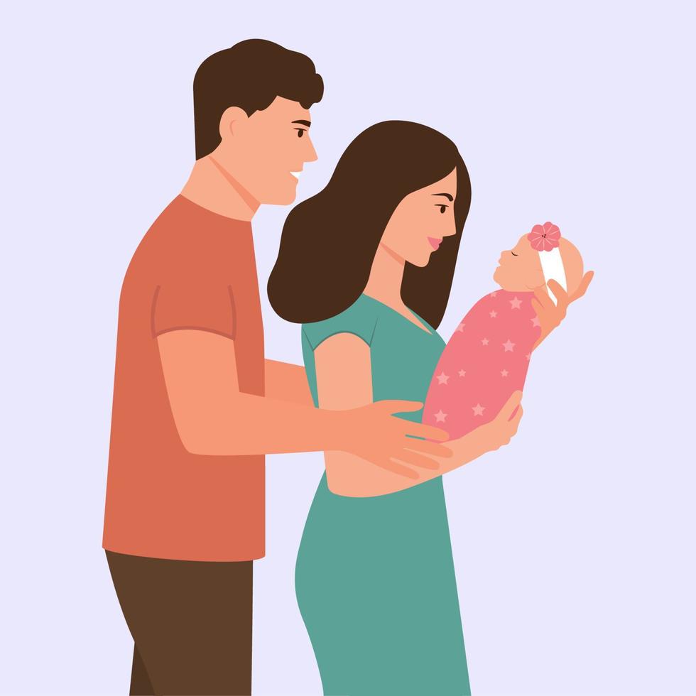 padre y madre con bebé en las manos. hombre abrazando a mujer con niño. joven pareja feliz con recién nacido.maternidad, paternidad, crianza de los hijos. ilustración vectorial vector