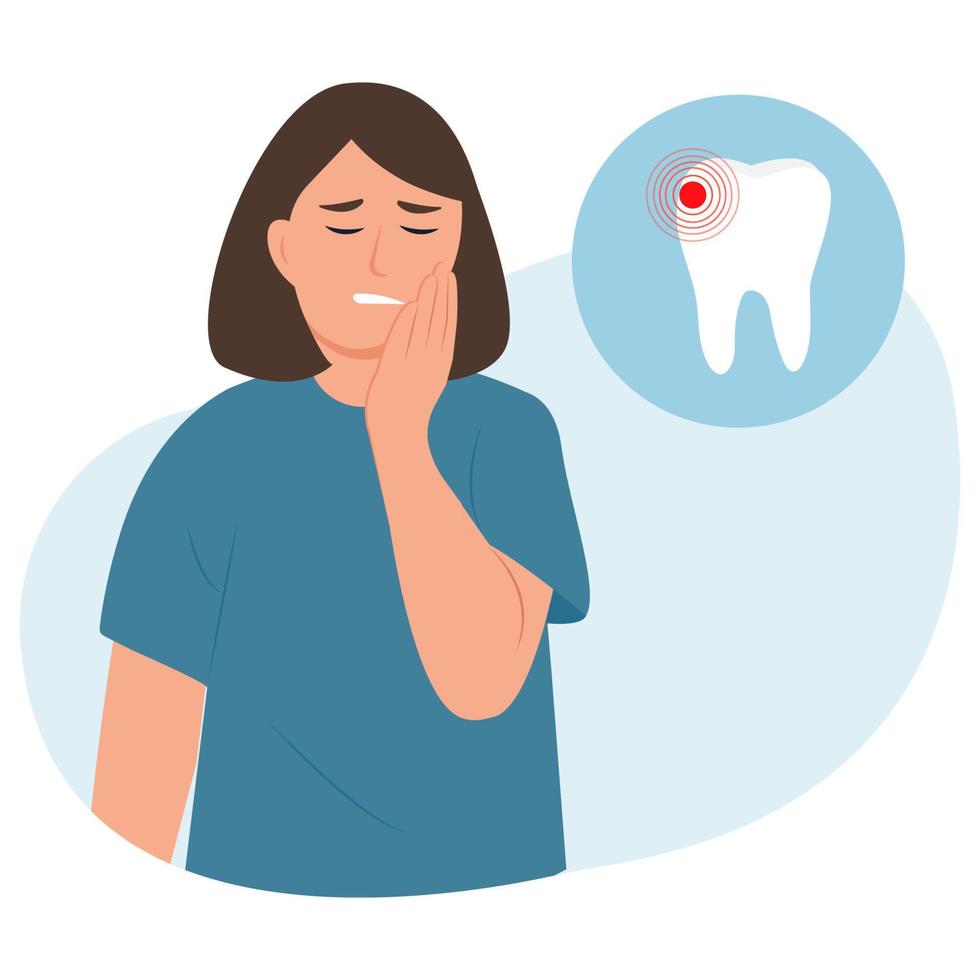 Young female feeling pain, holding her cheek with hand, suffering from bad toothache. Woman with  painful expression.Caries. Severe tooth pain. Vector illustration in cartoon style isolated