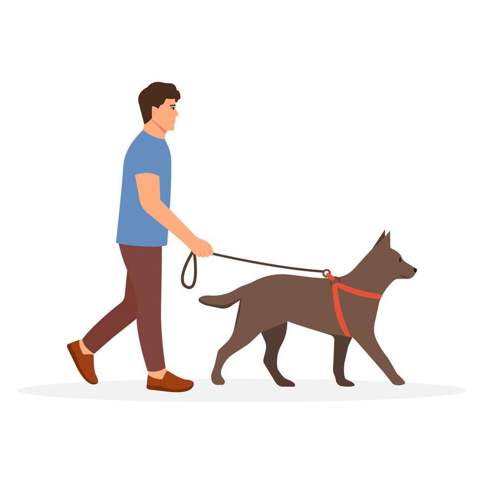hombre caminando con perro. dueño de una mascota paseando con un perro grande con correa. ilustración vectorial aislado sobre fondo blanco vector