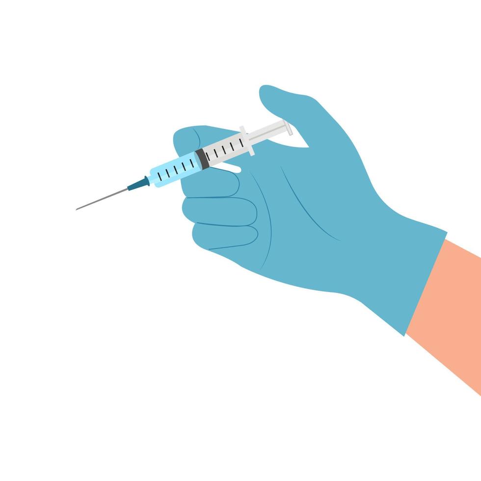 mano que sostiene la jeringa médica. inyección. concepto de vacunación.salud. ilustración vectorial en diseño plano. vector