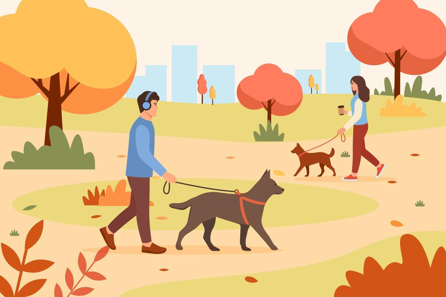 gente paseando perros en el parque de otoño. cuidado de mascotas. naturaleza otoñal. ilustración vectorial en estilo plano. vector