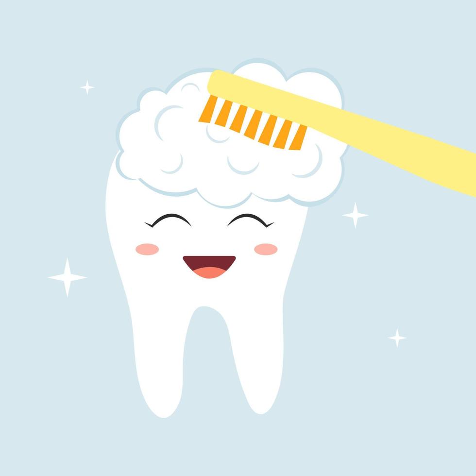 lindo diente limpio feliz. diente de dibujos animados sonriente con burbujas de espuma suave. icono de cuidado de los dientes de los niños. fondo de bebe ilustración vectorial de diseño plano vector