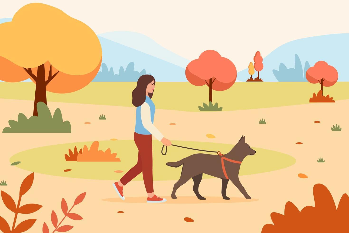 mujer paseando a un perro en el parque de otoño. cuidado de mascotas. naturaleza otoñal. ilustración vectorial en estilo plano. vector