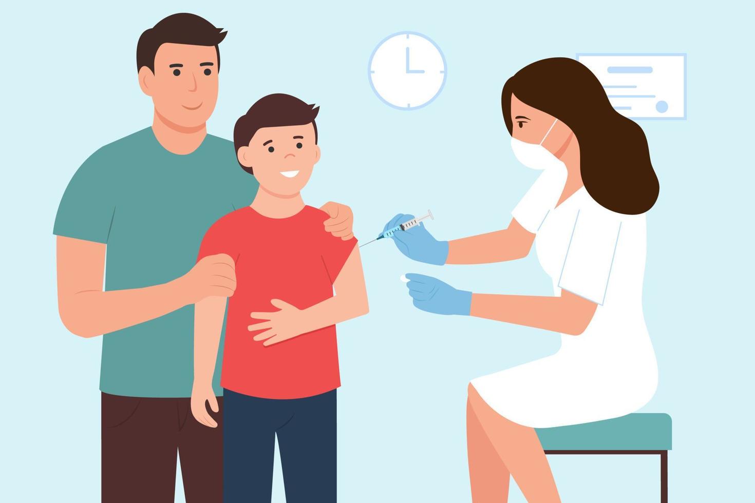 concepto de vacunación infantil para la salud de la inmunidad. médico pediatra hace una inyección de vacuna a un niño. padre e hijo en el hospital. asistencia sanitaria, tratamiento médico, prevención e inmunización.vector vector