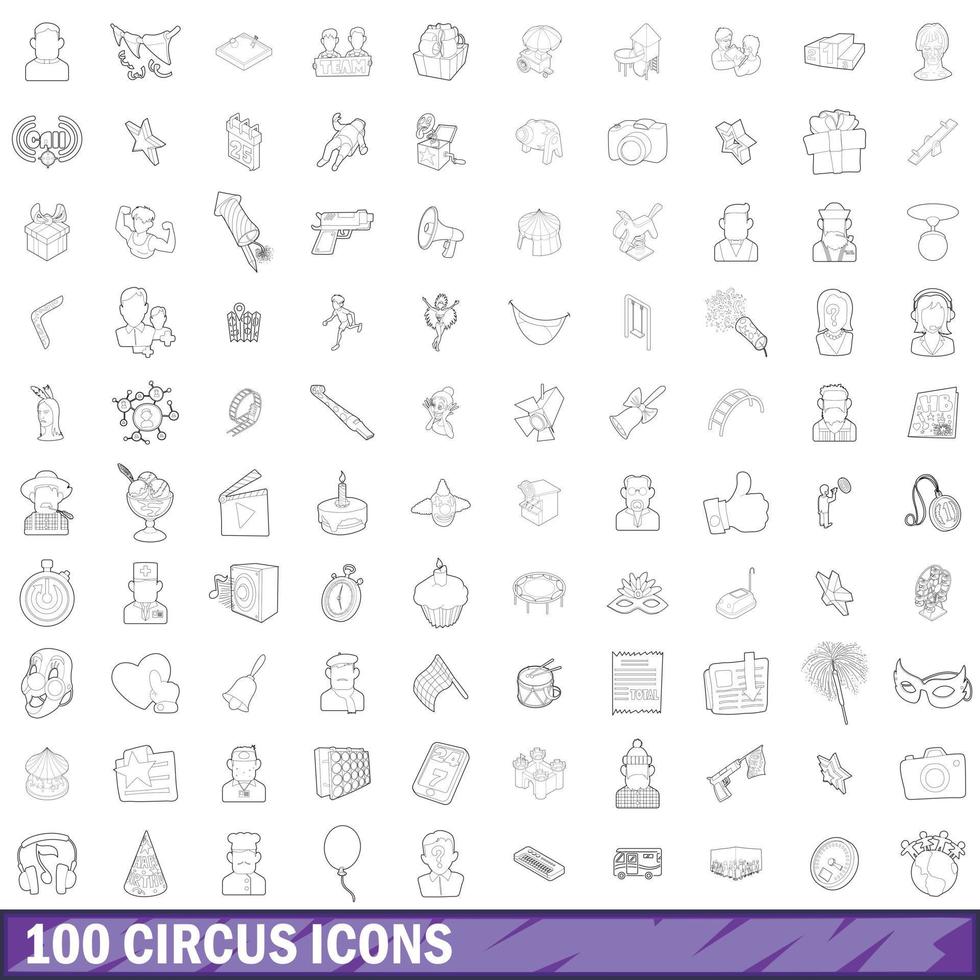 100 iconos de circo, estilo de esquema vector