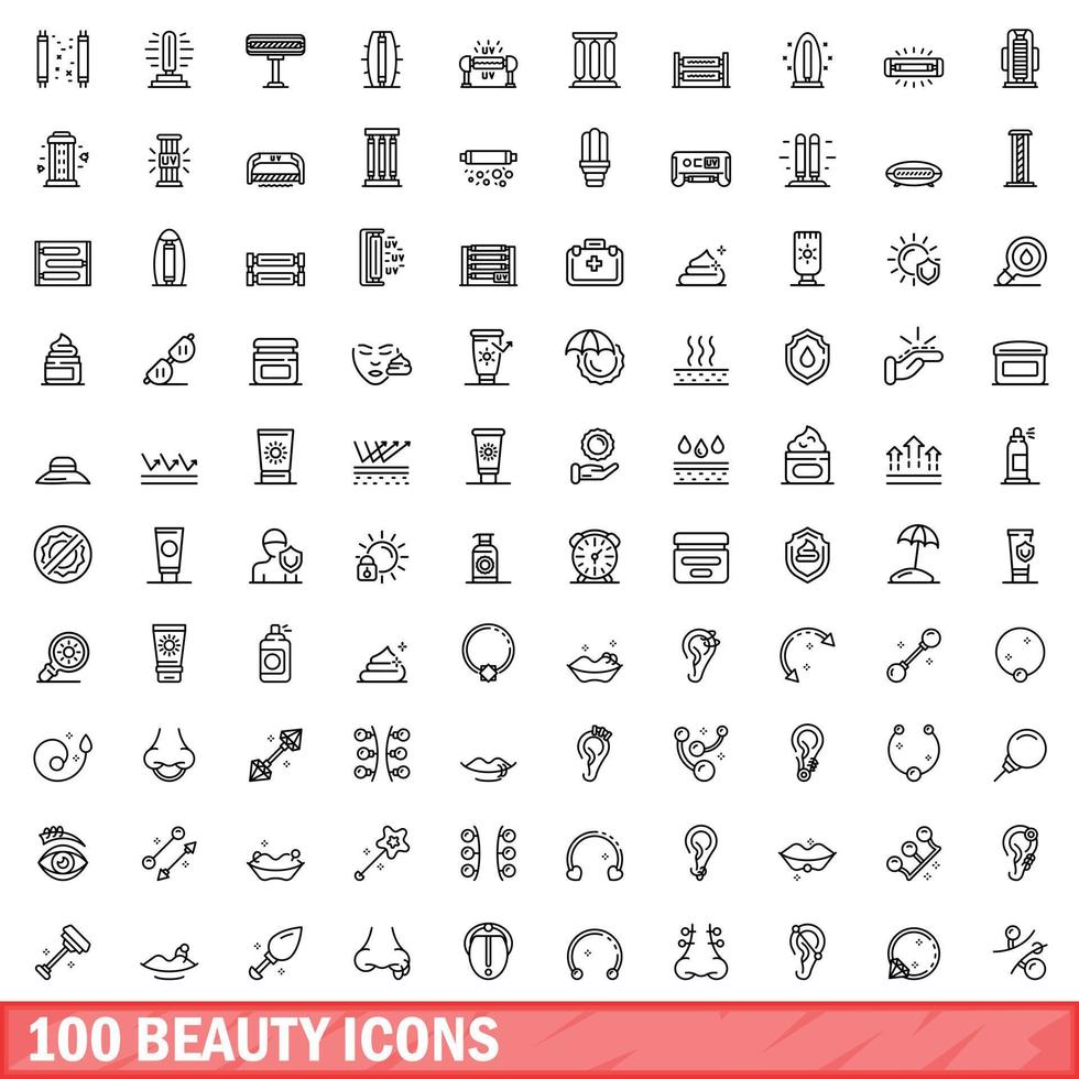 100 beauty icons set, outline style vector