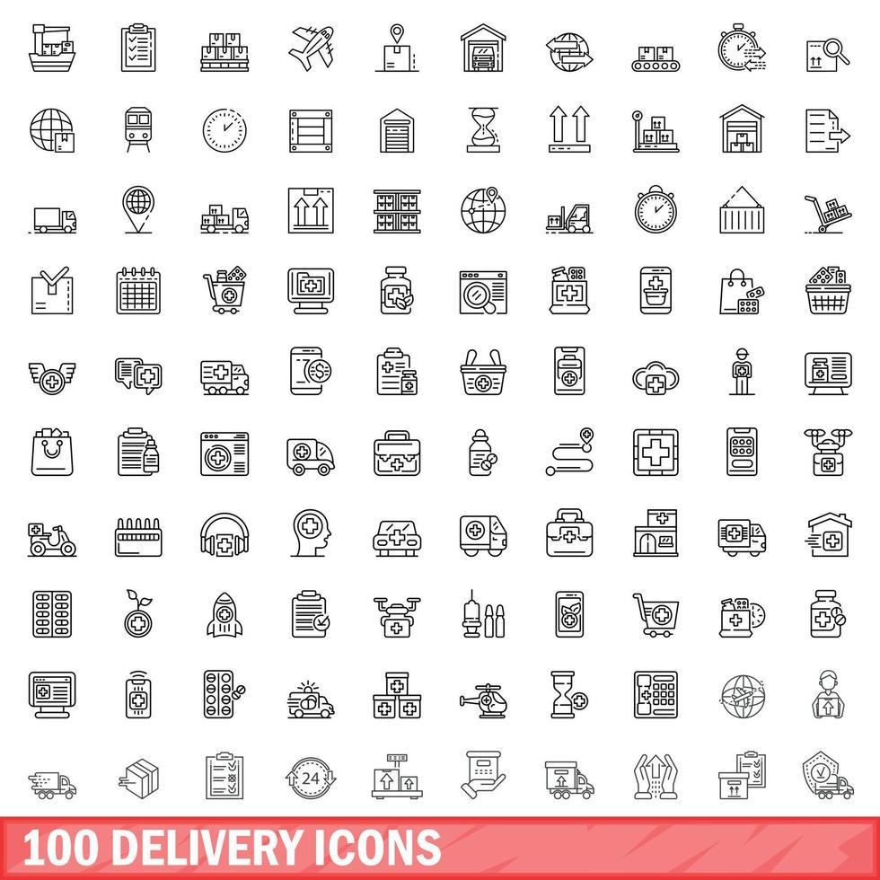 100 delivery icons set, outline style vector