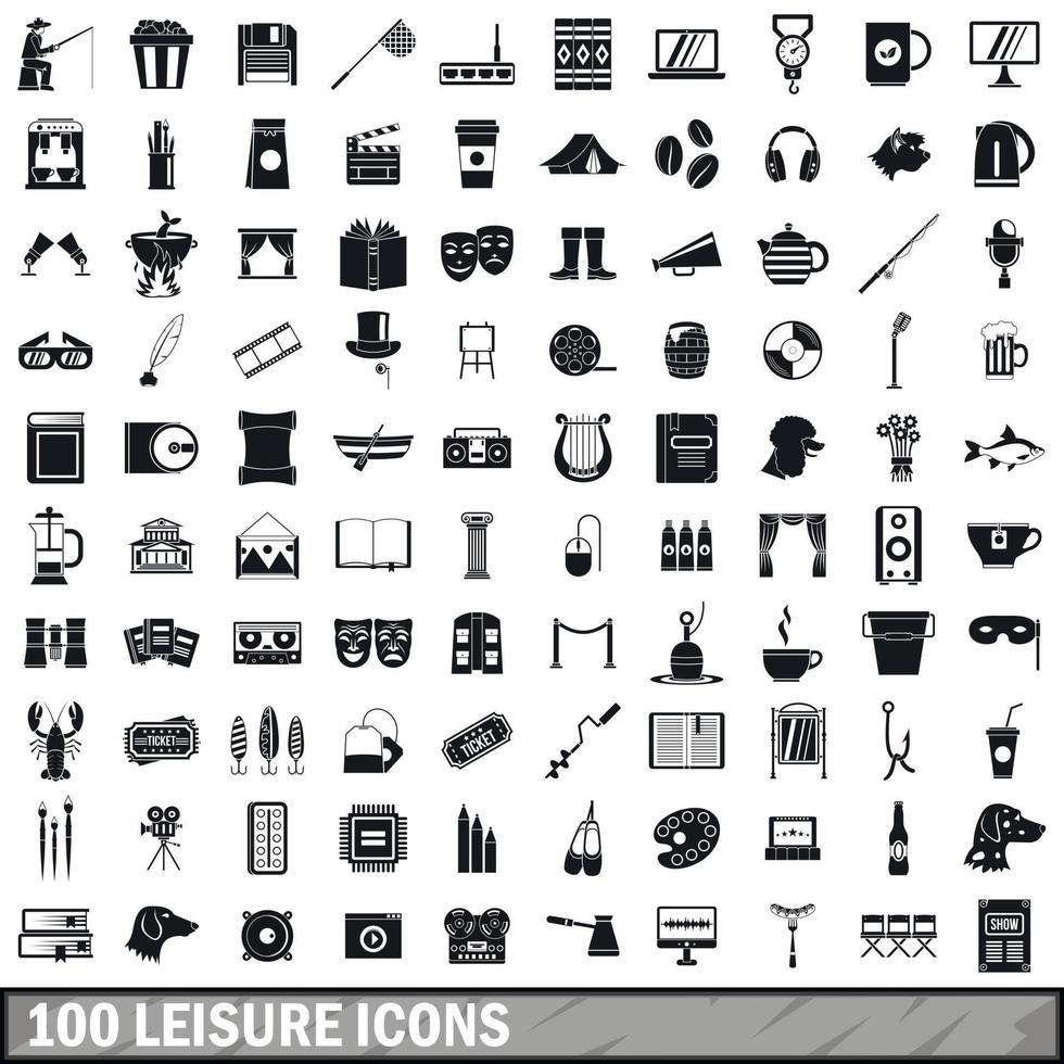 100 leisure icons set, simple style vector