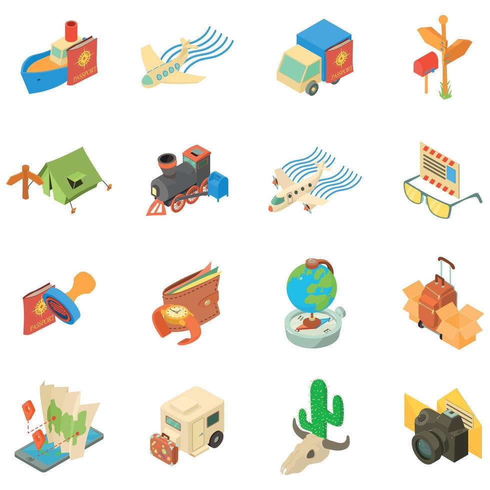 Journey icons set, isometric style vector