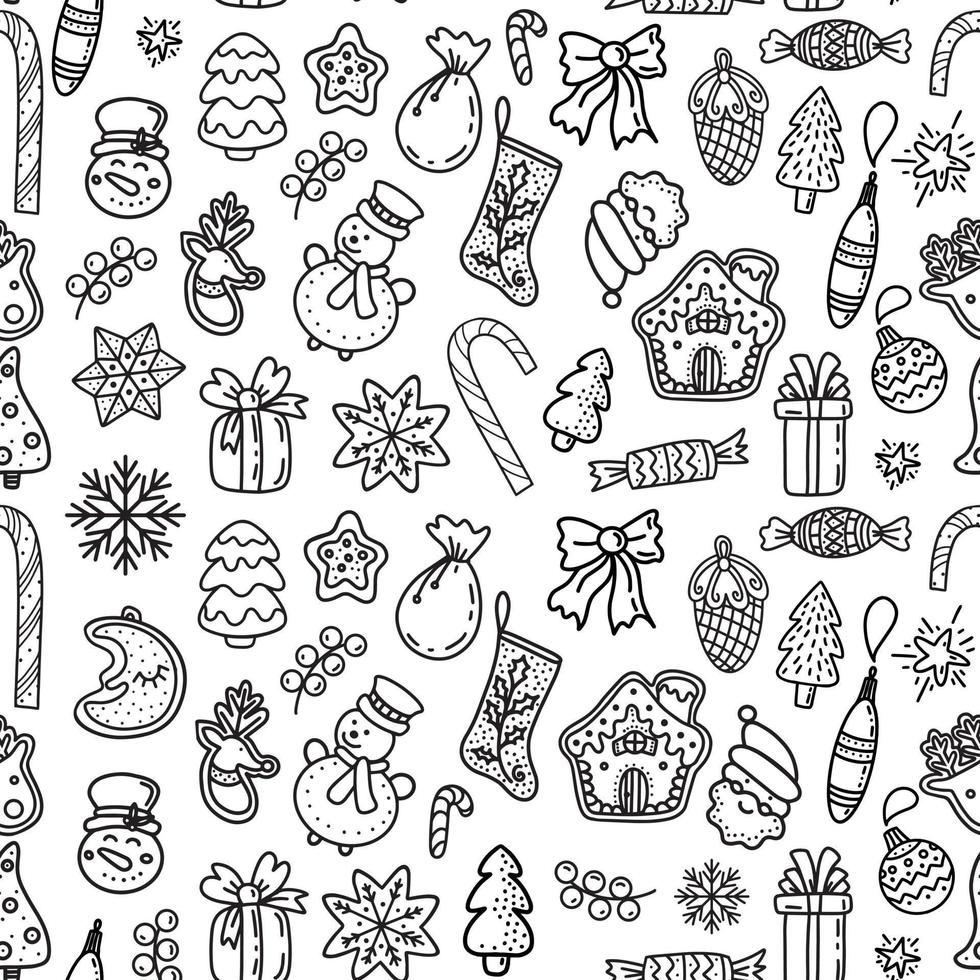 seamless pattern of linear Xmas icons on white background vector