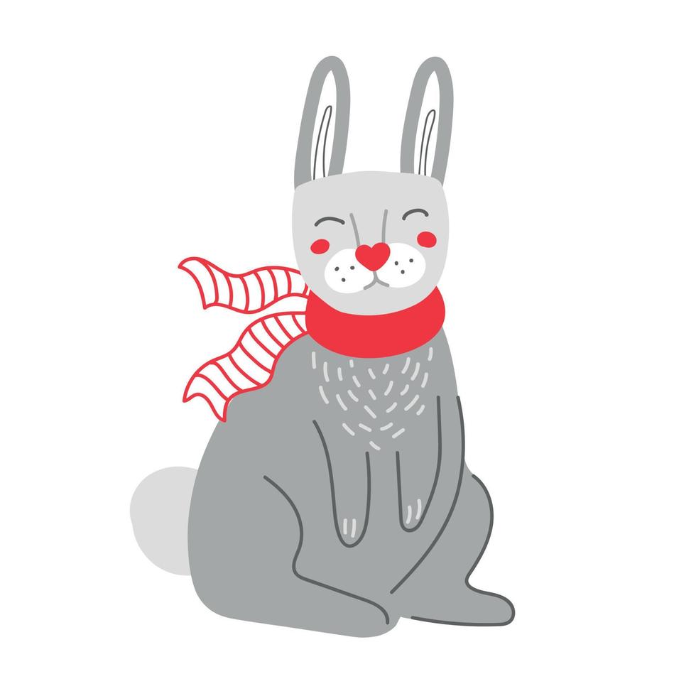 Funny cartoon rabbit in red scarf during Christmas holidays. Vector illustration