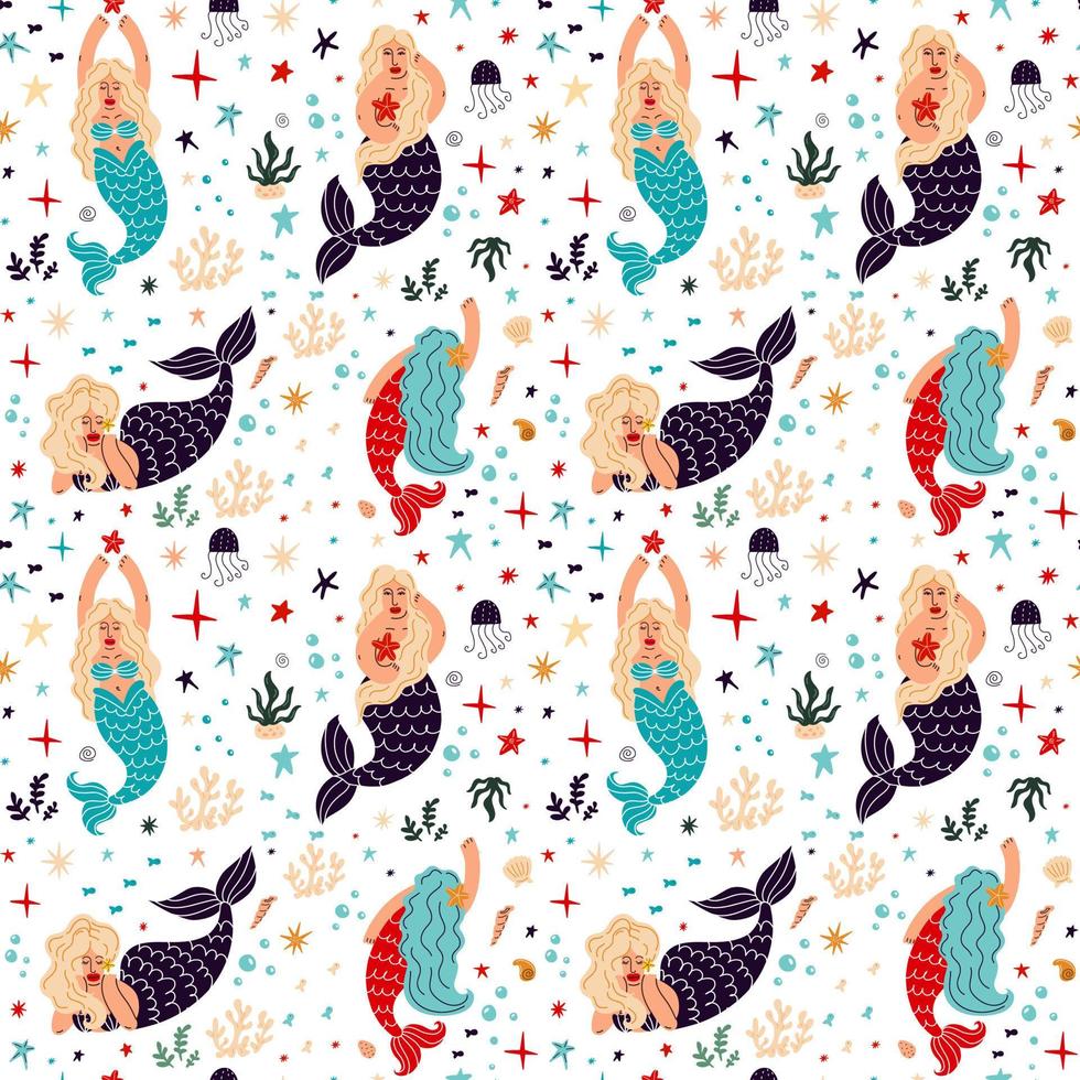 Seamless pattern with mermaids and marine life vector