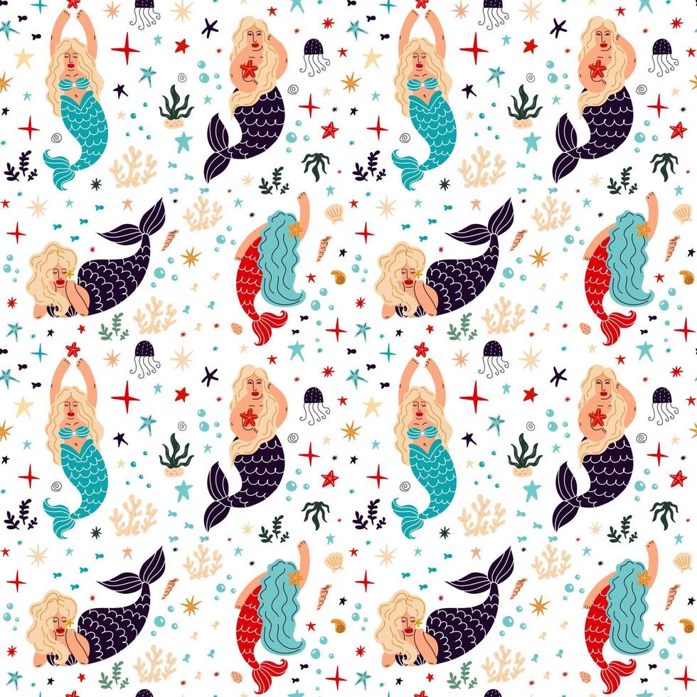 Seamless pattern with mermaids and marine life vector