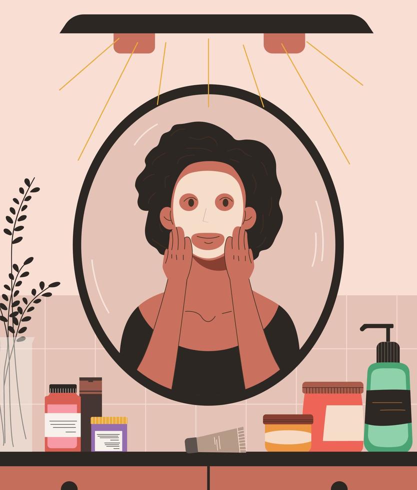 African woman applying facial mask in the bathroom vector