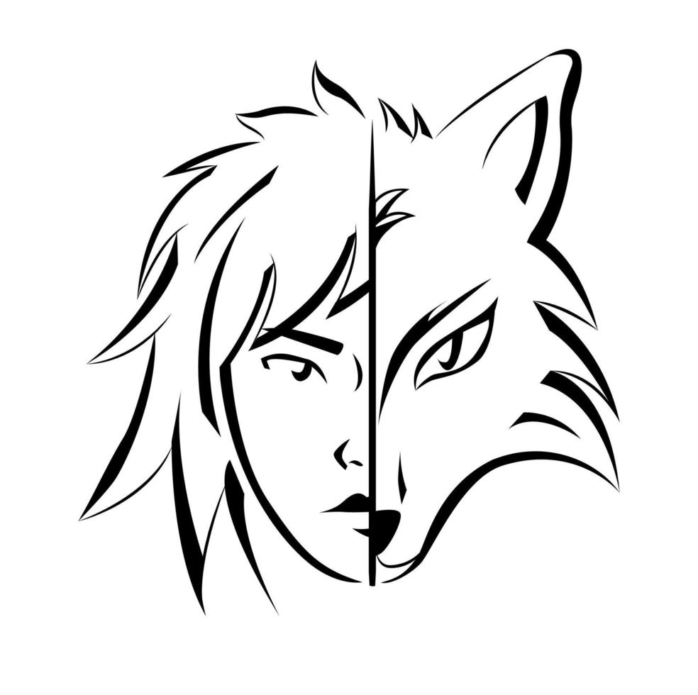 silueta de media cara de mujer y lobo aislado. ilustración vectorial para pegatina, impresión o tatuaje vector